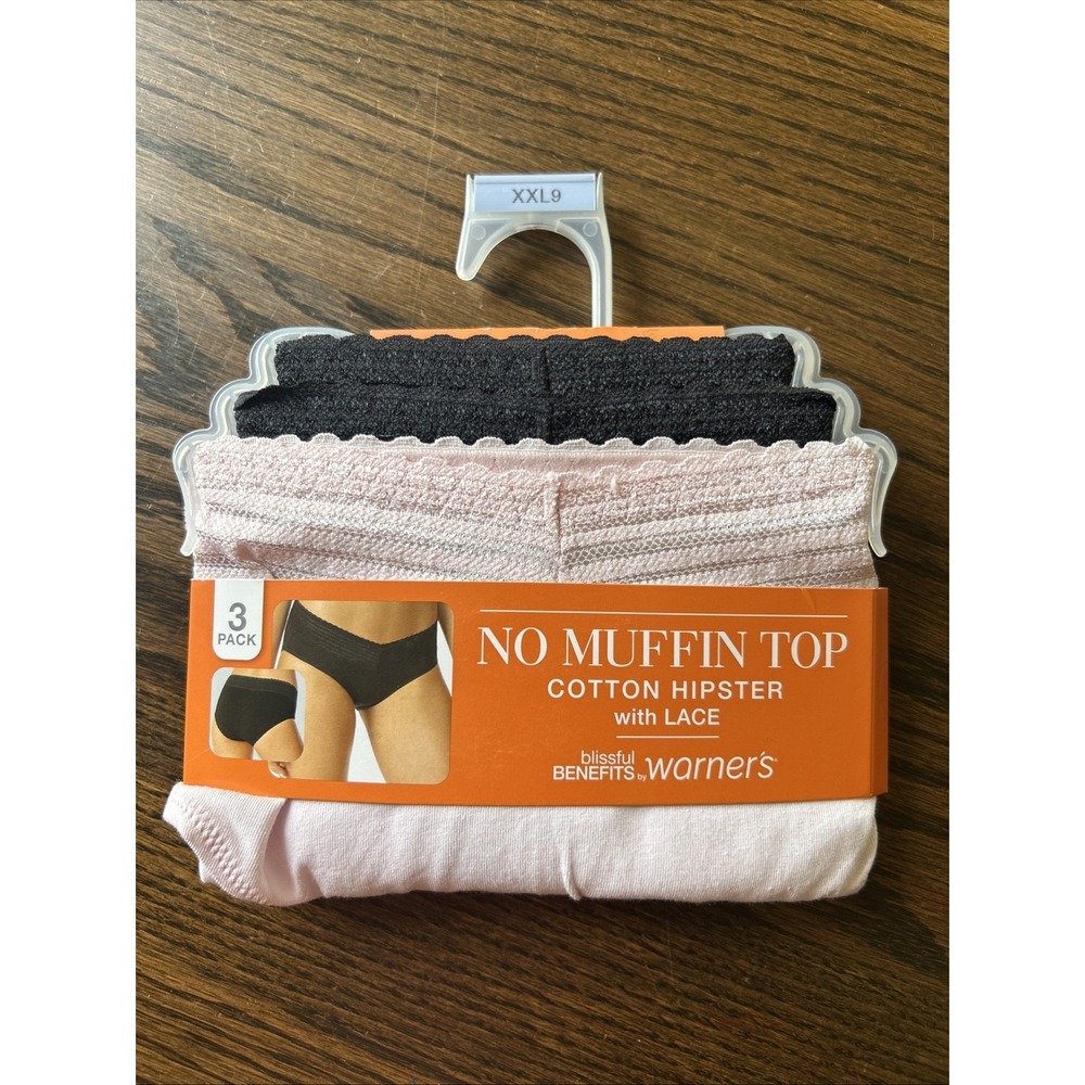 Warners Women 3pk No‎ Muffin Top Cotton Hipster Lace Panties 2XL Pink Black Grey